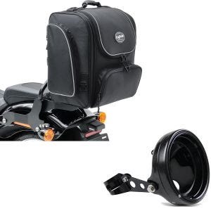 Sett: Motorsykkel sissy bar bag TM4 tail bag 39-49L sw Craftride med frontlykt gh. 7" med gaffelfeste 35-43mm sw