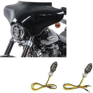 Sett: Batwing kåpe egnet for Harley Davidson Road King / Softail / Fat Boy Craftride svart + LED-indikatorer motorsykkel Lumitecs KP8 med E-merke 2 stykker tonet foran og bak