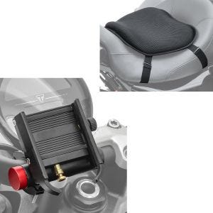 Sett: Mobiltelefonholder med powerbank SH2 motorsykkel smarttelefonholder Tourtecs med gel setepute L komfortpute sw
