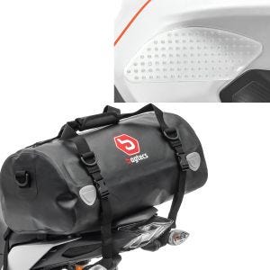 Sett: Motorsykkel hale bag Drybag XF30 wd volum 30l Bagtecs med side tank pad Grip Pad M klar kne pad transparent clear