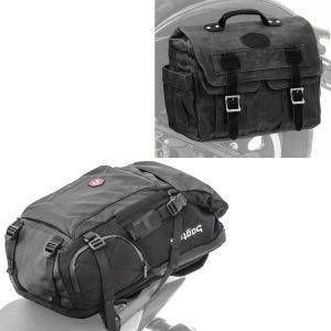 Sett: Motorsykkelryggsekk HX5 vanntett 45 liter med hjelmholder Bagtecs med salveske canvas med innerlomme CV1 svart