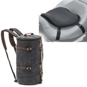 Sett: Motorsykkelryggsekk Canvas VG8 halebag Vintage 35Ltr sw Craftride med gel setepute L komfortpute sw