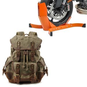 Sett: Motorsykkelryggsekk Canvas RG8 Vintage 20Ltr Retrogrønn Craftride med motorsykkelvippe Easy-Plus opptil 21 tommer oransje