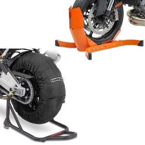 Sett: Motorsykkel dekkvarmer sett Laguna Seca 60-80°C 17 tommer sw ConStands med motorsykkelvippe Easy-Plus opptil 21 tommer oransje