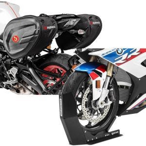 Sett: Sidevesker CRB 40-60 liters volum motorsykkel softshell Bagtecs med transportstativ Easy-Fix opp til 21 tommer svart matt