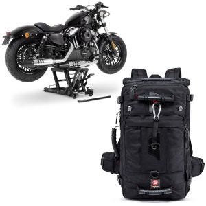 Sett: Lift Midlift L egnet for chopper / custom sykkel opp til 680 kg sw ConStands med motorsykkelryggsekk HK4 halebag 45Ltr sw CB38685