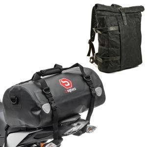 Sett: Motorsykkelryggsekk Canvas VR2 Vintage 20Ltr Retro sw Craftride med halebag Drybag XF30 wd