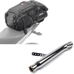 Sett: Motorsykkelryggsekk HX5 wd 45Ltr med hjelmholder Bagtecs med bakre lyddemper Caferacer Turn Out krom