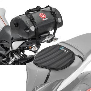 Sett: Motorsykkel hale bag Drybag XF30 wd volum 30l Bagtecs med gel setepute neopren M gel pute setetrekk sw.