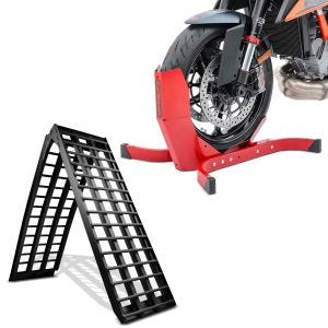 Sett: Adkomstrampe i aluminium V sw, opptil 680 kg, sammenleggbar, egnet for motorsykkel ConStands med motorsykkelvippe Easy-Plus opp til 21" rød