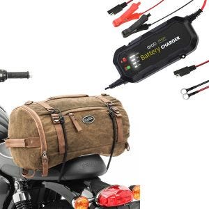 Sett: Motorsykkel hale bag vintage 25L canvas ryggsekk bagasjerull brun Craftride med batterilader BC2 1500mA