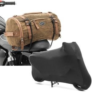 Sett: Motorsykkel halebag Vintage 25L brun Craftride med motorsykkeldeksel Innendørs XL-XXL Stretch Garage svart