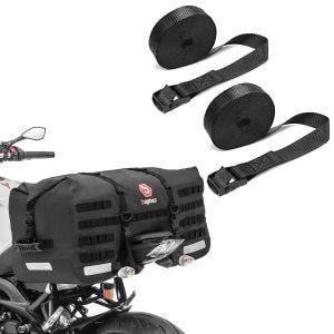 Sett: Motorsykkel haleveske SX70 70Ltr vanntett i sort Bagtecs med motorsykkelsurrestropp sett surrestropper 150cm 2 stk i svart