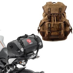 Sett: Motorsykkelryggsekk Canvas RG8 Vintage 20Ltr Retro brun Craftride med halebag Drybag XF30 wd