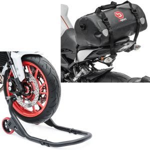 Sett: Forhjulsreparasjonsstativ Falcone-2 med L-feste ConStands med bakbag Drybag XF30 wd. Volum 30l