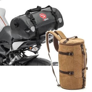 Sett: Motorsykkel hale bag Drybag XF30 vanntett volum 30l Bagtecs med ryggsekk Canvas VG8 Vintage 35Ltr brun