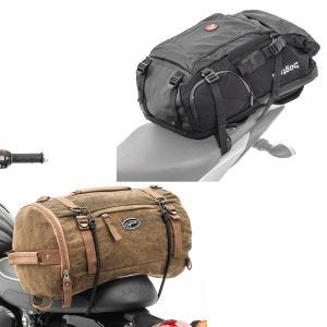 Sett: Motorsykkelryggsekk HX5 wd 45Ltr med hjelmholder Bagtecs med halebag Vintage 25L brun