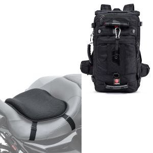 Sett: Motorsykkelryggsekk HK4 halebag 45Ltr i svart Bagtecs med motorsykkel gel setepute L komfortpute universal i svart