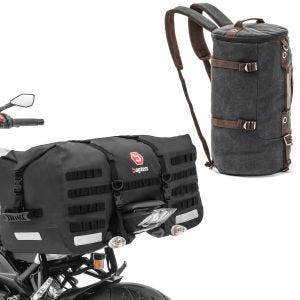 Sett: Motorsykkel halebag SX70 70Ltr vanntett sw Bagtecs med motorsykkelryggsekk Canvas VG8 tailbag Vintage 35Ltr sw