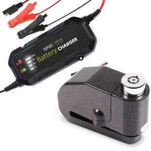 Sett: Motorsykkel batterilader BC2 helautomatisk 1500mA Lumitecs med bremseskivelåsalarm 120dB sw