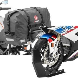 Sett: Motorsykkel hale bag SX45 wd volum 45L rullelukking Bagtecs med transportstativ Easy-Fix opp til 21 tommer sort matt.