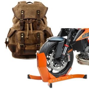 Sett: Motorsykkelryggsekk Canvas RG8 Vintage 20Ltr Retrobrun Craftride med motorsykkelvippe Easy-Plus opptil 21 tommer oransje