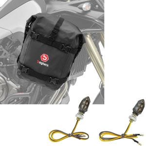 Sett: Motorsykkel crash bar bag egnet for crash bar K4 Dry Bag wd 10 liter Bagtecs med LED indikatorer KP8 ECE par tonet