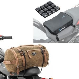 Sett: Motorsykkel hale bag vintage 25L canvas ryggsekk bagasjerull brun Craftride med luftpute Air Deluxe S sw
