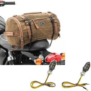 Sett: Motorsykkel hale bag vintage 25L lerret ryggsekk bagasje rull brun Craftride med LED indikatorer KP8 ECE par tonet