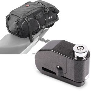Sett: Motorsykkelryggsekk HX5 wd 45Ltr med hjelmholder Bagtecs med bremseskivelåsalarm 120dB sw