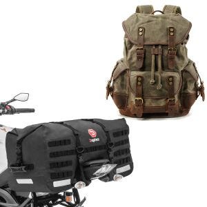 Sett: Motorsykkelbag SX70 70Ltr wd sw Bagtecs med ryggsekk Canvas RG8 Vintage motorsykkelveske 20Ltr retrogrønn