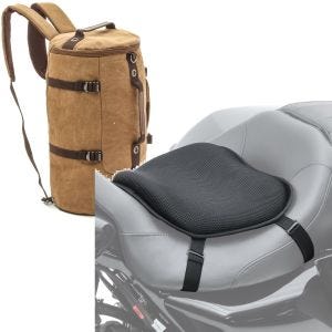 Sett: Motorsykkelryggsekk Canvas VG8 Tail Bag Vintage 35Ltr brun Craftride med gel setepute L komfortpute sw