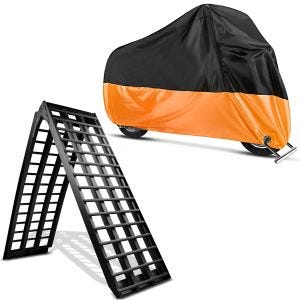 Sett: Aluminiumskjøringsrampe V sw, opptil 680 kg, sammenleggbar, egnet for ConStands motorsykkel med XXL presenningsdeksel sw-oransje