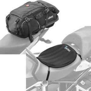 Sett: Motorsykkelryggsekk HX5 vanntett 45 liter med hjelmholder Bagtecs med gel setepute neopren L sw