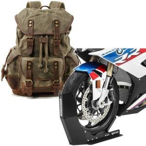 Sett: Motorsykkelryggsekk Canvas RG8 Vintage 20Ltr Retrogrønn Craftride med transportstativ Easy-Fix opp til 21 tommer svart matt