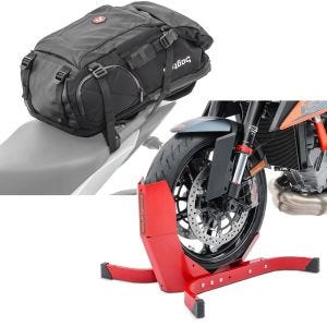Sett: Motorsykkelryggsekk HX5 vanntett 45 liter med hjelmholder Bagtecs med motorsykkelvippe Easy-Plus opptil 21 tommer rød