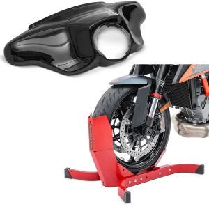 Sett: Batwing fairing egnet for Harley Davidson Touring 96-13 Craftride i svart + motorsykkelrocker ConStands Easy-Plus motorsykkelstativ opp til 21 tommer rød