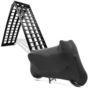 Sett: Aluminiumsrampe V sw, opp til 680 kg, sammenleggbar, egnet for motorsykkel ConStands med motorsykkeldeksel Innendørs XL-XXL Stretch Garage sw