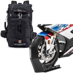 Sett: Motorsykkelryggsekk HK4 halebag 45Ltr i svart Bagtecs med transportstativ Easy-Fix opp til 21 tommer svart matt