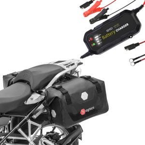 Sett: Motorsykkel-salvesker wd RB25 med rullelukking Bagtecs med batterilader BC2 helautomatisk 1500mA.