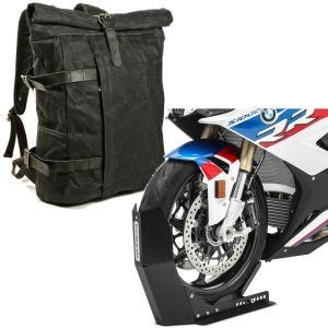 Sett: Motorsykkelryggsekk Canvas VR2 Vintage 20Ltr Retro sw Craftride med transportstativ Easy-Fix opp til 21 tommer sw-matt