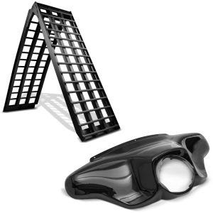 Sett: Adkomstrampe i aluminium Constands V svart, opp til 680 kg, sammenleggbar, for motorsykkel, scooter, quad, ATV + Batwing-kåpe egnet for Harley Davidson Touring 96-13 Craftride i svart