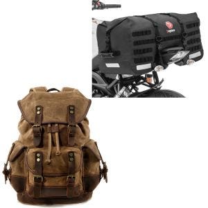Sett: Motorsykkelryggsekk Canvas RG8 Vintage Motorsykkelveske 20Ltr Retrobrun Craftride med haleveske SX70 70Ltr wd