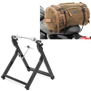 Sett: Balanser motorsykkel WU-2 balanseringsenhet sw ConStands med bakpose Vintage 25L lerretsryggsekk bagasjerull brun