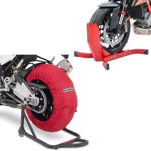 Sett: Motorsykkel dekkvarmersett Laguna Seca 60-80°C 17 tommer i rødt ConStands med motorsykkelvippe Easy-Plus opptil 21 tommer rød