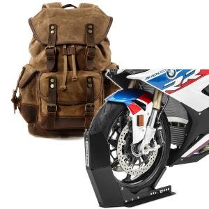 Sett: Motorsykkelryggsekk Canvas RG8 Vintage 20Ltr Retro brun Craftride med transportstativ Easy-Fix opp til 21 tommer svart matt