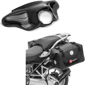 Sett: Batwing fairing egnet for Harley Davidson Touring 96-13 Craftride i svart + motorsykkel-salvesker vanntette Bagtecs RB25 med rullelukking
