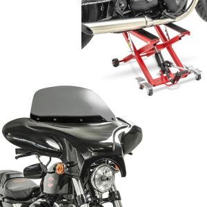 Sett: Batwing fairing egnet for choppere og spesialsykler rg Craftride med motorsykkelløft Midlift XL opptil 500 kg i rødt