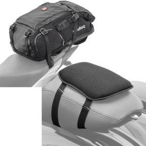 Sett: Motorsykkelryggsekk HX5 vanntett 45 liter med hjelmholder Bagtecs med gel setepute S komfortpute sw