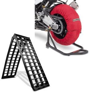 Sett: Aluminiumskjøringsrampe V sw, opp til 680 kg, sammenleggbar, egnet for motorsykkel ConStands med dekkvarmer Laguna Seca 60-80°C 17" i rødt